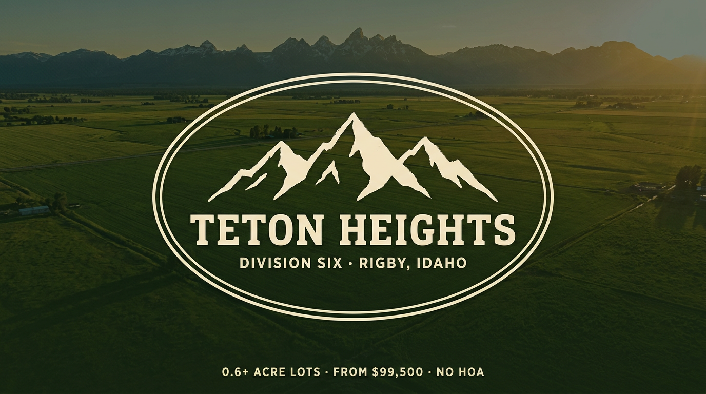 Aerial view of rolling green farmland in Rigby with Teton mountains beyond