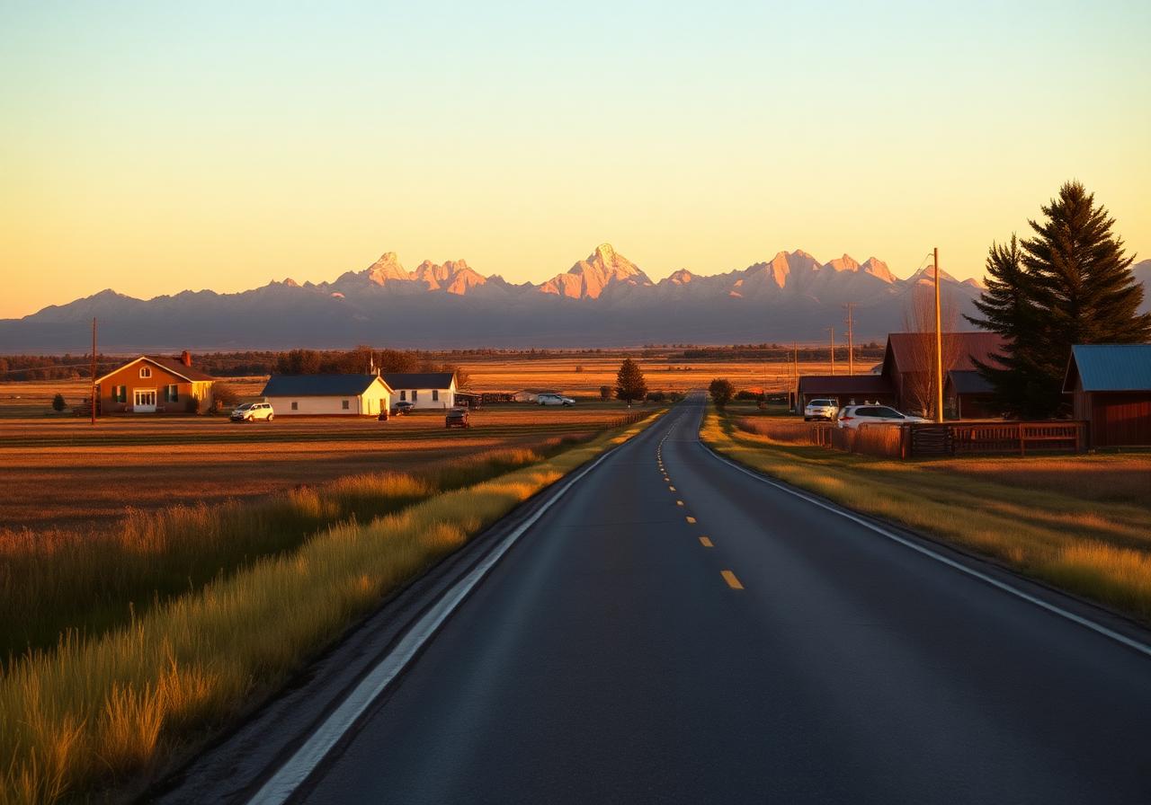 Country road through Rigby, Idaho with the Teton range on the horizon at golden hour
